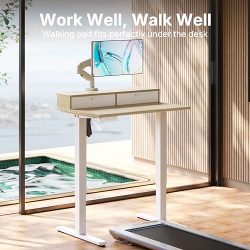 HUANUO 32 x 21 inch Small Electric Standing Desk with 2 Drawers, C-Clamp Mount Compatible, Height Adjustable Sit Stand Desk, Home Office Stand Up Desk with 4 Memory Height Settings, Light Walnut - Thumbnail 3