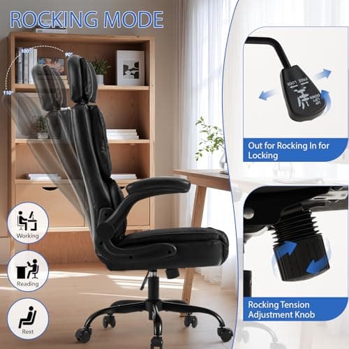Avocahom Comfy Office Chair with Adjustable Headrest,Executive Leather Desk Chair with Lumbar Support,Rocking Function,Ergonomic Gaming Computer Chair Having Flip Up Arms, Black - Thumbnail 5