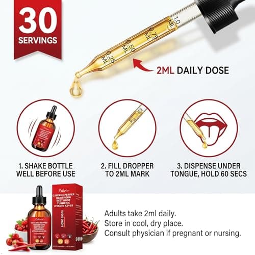 Cayenne Pepper Drops Supplement Liquid with Hawthorn Berry, Vitamin D3 K2, Turmeric Curcumin, Beet Root, Ceylon Cinnamon Vegan- Friendly - 60ml - Thumbnail 2