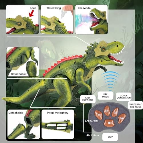 Remote Control Dinosaur Toys for Kids 3-5-7, Upgraded T Rex Dinosaur Toys with Changing Light, 7 Color Spray & Realistic Roars, RC Walking Dinosaur Robot 4-7, Birthday Gifts Toys for Kids Boys 3+ - Thumbnail 4