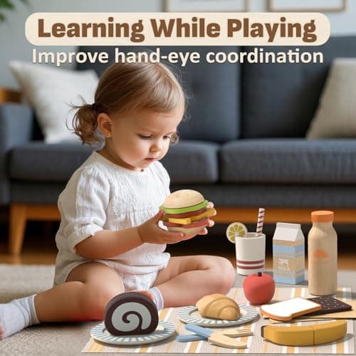 Lehoo Castle Wooden Play Food Set, Toy Food for Toddlers 1-3, Pretend Play Kitchen Accessories, Cutting Food Toys, Montessori Sorting Toys for Kids 3-5 Girls Boys - Thumbnail 2