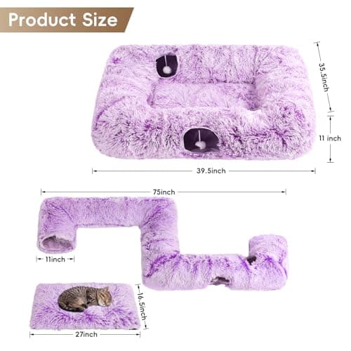 Extra Large Cat Tunnel Bed, 4 Ways Tunnels for Indoor Cats, Multi-cat Family Pet Bed & Cave, Plush Cat Donut with Washable Middle Mat, Exit Balls, Pet Play Toy for Kitten Puppy Rabbit, Purple - Thumbnail 2