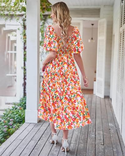 BTFBM Summer Dresses for Women 2026 Spring Outfits Beach Vacation Short Sleeve Smocked Boho Casual Floral Maxi Dress(Floral White Red, Large) - Thumbnail 4