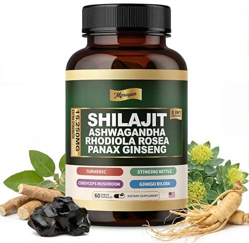 MPRAYAN Shilajit Ashwagandha Capsules – 8 in 1 Adaptogen Complex for Energy, Focus & Stress Support with Rhodiola Rosea, Panax Ginseng, Cordyceps – Natural Herbal Supplement | 60 Vegan Capsules