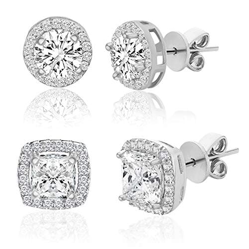 Lesa Michele Rhodium Plated 925 Sterling Silver Cushion & Round Shaped Cubic Zirconia Halo Stud Earrings for Women 2 Pair Earring Set White - Image 1