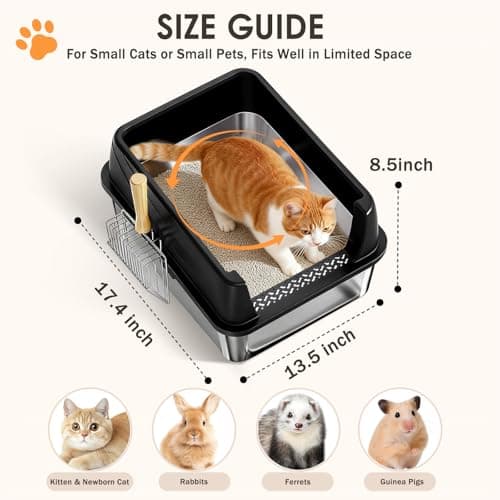Stainless Steel Litter Box with Lid: Metal Cat Litter Box for Small Cats with Scoop, High Sided Kitty Litter Pan Tray, 17.4'' x 13.5'' x 8.5'', Non-Stick, Anti-Leakage, Easy Cleaning (Black) - Thumbnail 4