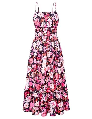 GRACE KARIN Summer Dresses for Women 2026 Vacation,Smocked Floral Maxi Dresses,Boho Beach Long Sundress Purple Black Floral M - Image 1