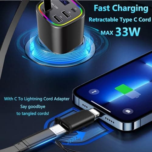 Car Charger USB C, 4in1 Car Phone Charger with USBC Retractable Cable for iPhone Android Fast Charge, AGEMANY 78W Cigarette Lighter Adapter with Voltage Display, 12V/24V Car Accessories Gift (Black) - Thumbnail 5