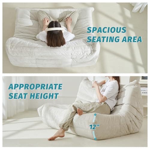 Homguava Bean Bag Chair, Giant Beanbag Chairs for Adults, Memory Foam Fireside Chair, Large Lazy Floor Sofa, Sofa Couch with High-Rebound Foam, Lounge Chair for Living Room, Bedroom (Beige, Loveseat) - Thumbnail 4