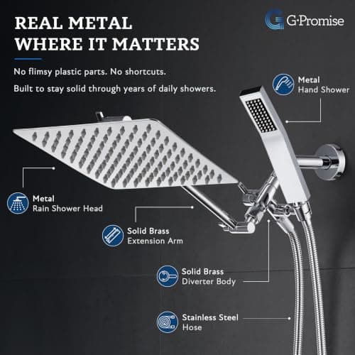 G-Promise All Metal 8 Inch Dual Square Shower Head with Handheld Spray Combo, Rain Shower Head, Adjustable Extension Arm, Smooth 3-Way Diverter, 71 Inch Extra Long Hose - A Bathroom Upgrade (Chrome) - Thumbnail 3