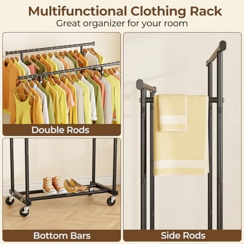 HYSEYY Double Rods Clothes Rack, Rolling Clothing Rack for Hanging Clothes Portable Wardrobe Rack, Metal Garment Rack Sturdy Coat Rack for Bedroom Laundry Living Room, Black - Thumbnail 3