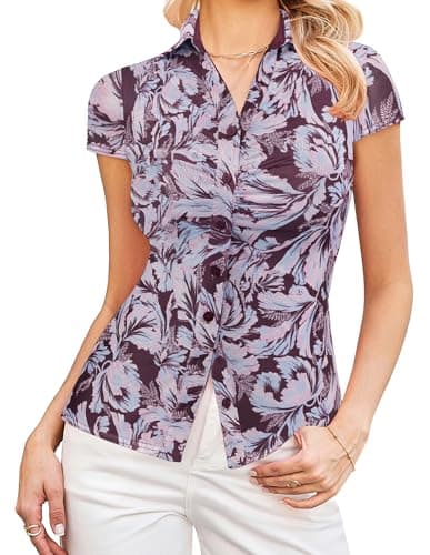 GRACE KARIN Women Mesh Boho Tops Dressy Casual Floral Short Sleeve Button Down Blouse Collared Outfit Multi Purple XL - Image 1