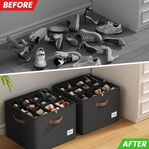 PHINOX Shoe Organizer for Closet, 2 Pack Fabric Shoe Organizer Storage Box, Shoe Storage Containers with Clear Cover, Closet Shoe Storage for Boots Sandals Slippers,Fits 16-32 Pairs, Black - Thumbnail 5