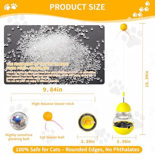 COSOWO Cat Interactive Toys Engaging Wand, Slow Food Treat Dispenser, and Tumbler Design for Indoor Cats Durable, Non-Toxic, Ideal for Exercise and Boredom Relief Gift for Kitten, Yellow - Thumbnail 5