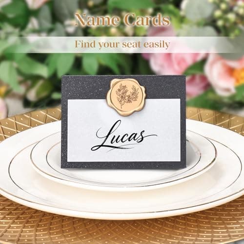 LITTOBEBE 50 Pcs Premium Place Cards, Small Table Cards with Antique Gold Rose Wax Seal Sticker, 4“ x 3“ Tent Card, Escort Cards, Name Card, Wedding, Dinner Parties, Seating Card (Pearlescent Black) - Thumbnail 3