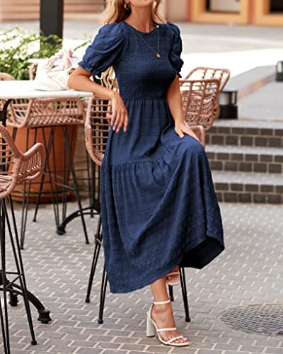 dowerme Womens Summer Dresses 2025 Casual Puff Short Sleeve Crewneck Smocked Flowy Ruffle Boho Beach Party Maxi Sundress(Navy,Small) - Thumbnail 2