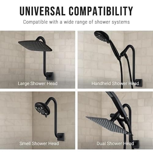 G-Promise All Metal S Shaped Shower Arm with Flange, Wall Mounted Stainless Steel High Rise Gooseneck Pipe Replacement, 10-Inch Lift Height, Compatible with Fixed Shower Head (12 Inch, Matte Black) - Thumbnail 2