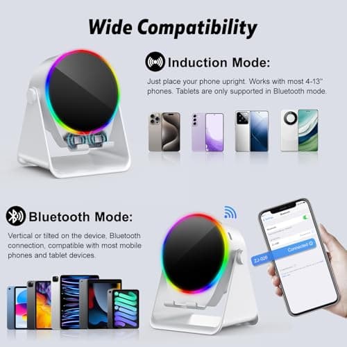 Wireless Induction Speaker, 4 in 1 Bluetooth Speaker Phone Stand with RGB Light, 360° Rotation Phone Holder Compatible with iPhone Android iPad Samsung Galaxy, Ideal Birthday Gift for Men Women - Thumbnail 2