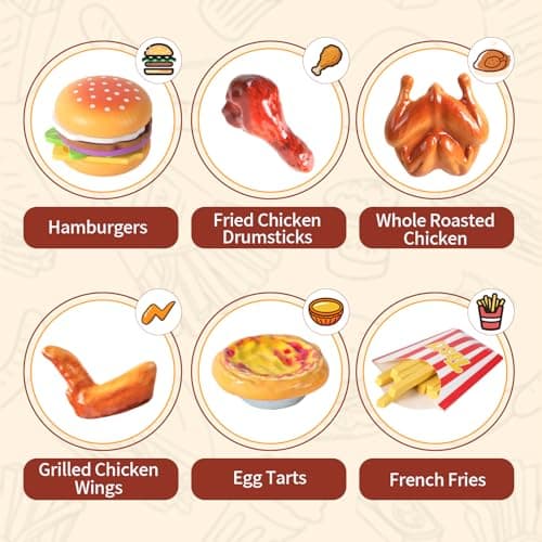 Wooden Play Food for Kids Kitchen Set with 10 Stacking Challenge Cards, 40+ Pcs Fake Fast Food Hamburger Toy with Roast Chicken & Play Money, Pretend Play Toys Birthday Gift for Toddlers Age 2-6 - Thumbnail 5