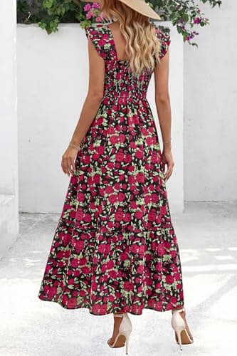 dowerme Womens Summer Maxi Dresses 2026 Casual Ruffle Sleeve Button Smocked Floral Slit Boho Dress Spring Beach Sundress(Black Red Flower,X-Large) - Thumbnail 5