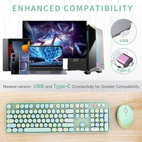 Wireless Keyboard and Mouse Combo, Ergonomic Full Size Typewriter Retro Round Keycaps Keyboard, Compatible with Windows, PC, Perfer for Home and Office Keyboards (Green - Thumbnail 2