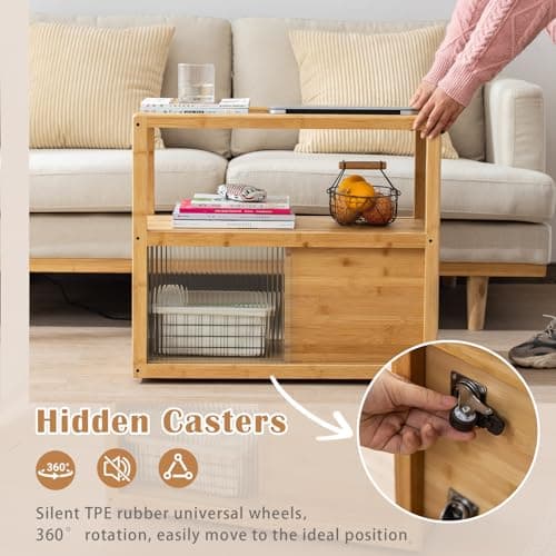SOBIBO Bamboo Side Table Nightstand with Rattan Drawer & Glass Top – Multi-Function End Table, Nightstands with Storage for Bedroom, Living Room, and Small Spaces, Nature - Thumbnail 5