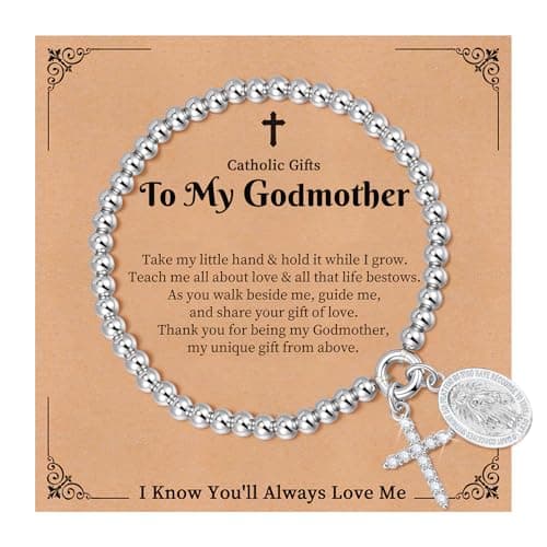 14K Gold Plated Bead Cross Bracelet, Virgin Mary Cross Bracelet for Women, Dainty Stretch Bead Bracelet, Religious Jewelry for Catholic Baptism Confirmation Easter Gifts(To My Godmother-Silver) - Image 1