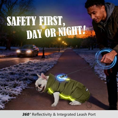 Dog Winter Puffer Jacket Waterproof, Reflective Furry Fleece Lined Dog Coats for Small Medium Dogs, Warm Snow Coat, Insulated Cold Weather Dogs Vest Jackets with Leash Hole, Olive - Thumbnail 6