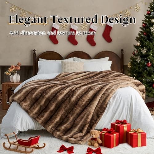 LOOMORA Luxury Faux Fur Blanket - Soft Warm Plush Blankets for Couch Sofa Bed, Fluffy Thick Throws for Bedroom, Office, Living Room, Decorative Reversible, Not Easy to shed - 60"x80", Brown - Thumbnail 2