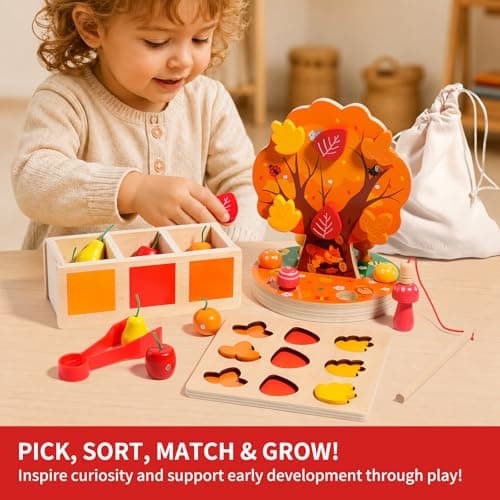 INIFEIDALA Montessori Toys for 3 4 5 6 Year Old - Wooden Educational Toy for Toddlers,Shape Sorting Puzzle for Fine Motor Skills,Apple Picking Magnetic Tree Toy,Hand-Eye Coordination,Color Recognition - Thumbnail 3