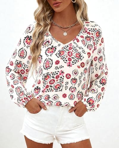 Zenlonr Womens Fall Tops Dressy Casual 2025 V Neck Satin Silk Printed Shirts Boho Long Sleeve Work Blouses(White Red Flower,Small) - Thumbnail 2