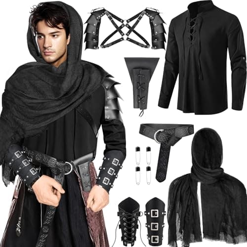 Fasouna 7 Pcs Men's Renaissance Costume Set Medieval Pirate Shirt Viking Shawl Belt Shoulder Armor Sword Bag Cosplay (Medium) - Image 1