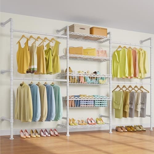 Timate X3i Garment Rack for Hanging Clothes Load 980lbs, Expandable Wall Mounted Closet System with Baskets Industrial Pipe Heavy Duty Clothes Rack Walk in Closet, Adjustable from 5'10" to 8'3", White - Image 1