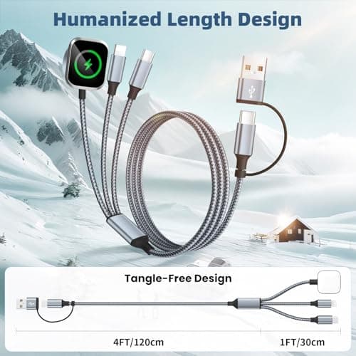 Travel Essentials,3 in 2 Multi Charging Cable for iWatch Charger/IP/USB C,Braided USB A/C Cable Designed for Multiple Devices,Compatible with iWatch Ultra/SE/11-1 & iPhone 17-11,Gray(2Pack-5FT) - Thumbnail 6