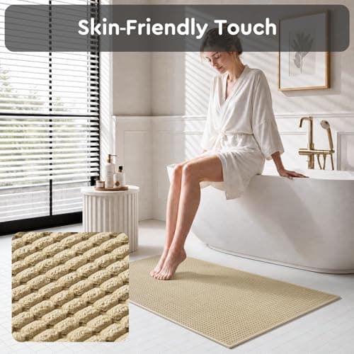 tchdio Bathroom Runner Rug, Absorbent Washable Thin Bath Mat, Non Slip Quick Dry Bath Rugs with Solid Rubber Backing, Low Profile Bath Mat, Beige, 24" x 48" - Thumbnail 6