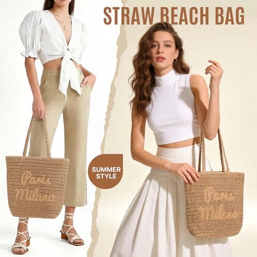 fauson Straw Beach Bags for Women Beach Travel Shopping - Handmade Woven Rattan Straw Large Boho Tote Handbag Purse, Lightweight Summer Vacation with Zipper Pocket, Foldable Carryall - Natural Large - Thumbnail 4
