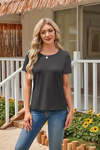 Herou Women Shirts Casual Short Sleeve Crew Neck Summer Tops with Side Split Tile Grey XX-Large - Thumbnail 2