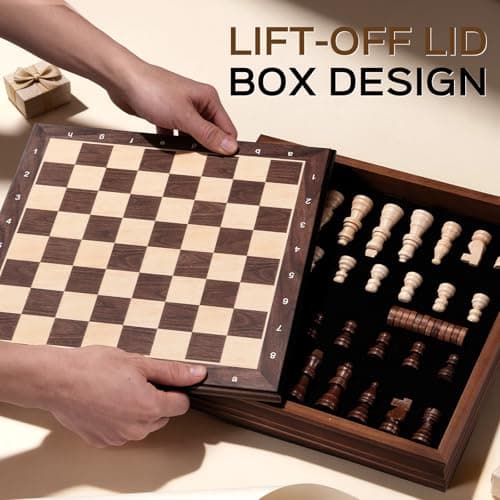 Peradix Wooden Chess Set for Kids Magnetic 12'' Checkers Chess Board Game Set 2 in 1 with Drawer, Unique Chess Pieces with 2 Extra Queens, Family Board Games Educational Sets - Thumbnail 3