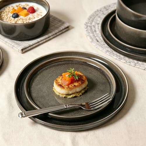 ALOFMO Dinnerware Sets for 4, ceramics Plates and Bowls Set, 12-Piece Modern Stoneware Dinnerware – Chip Resistant, Non-Toxic, Dishwasher and Microwave Safe Tableware, Black - Thumbnail 6