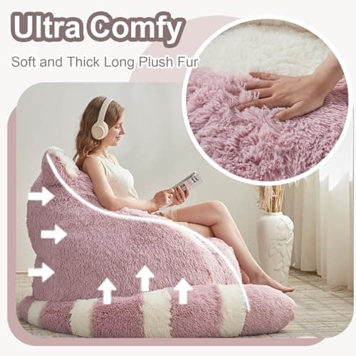 EBENCHICO Giant Bean Bag Chair for Adults Teens, Raccoon Shaped Faux Fur Bean Bag Sofa with Filler, Plush Beanbag Couch with Tail Pillow for Gaming, Reading, Bedroom, Dorm - Thumbnail 6