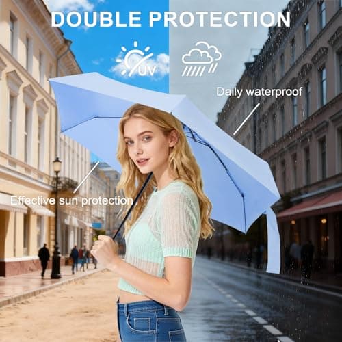 LEAGERA Compact Travel Umbrella with Case - Mini Umbrella for Purse, Small Lightweight &Tiny Design Perfect for Parasol Outdoor Sun&Rain Umbrellas, Light Blue - Thumbnail 6
