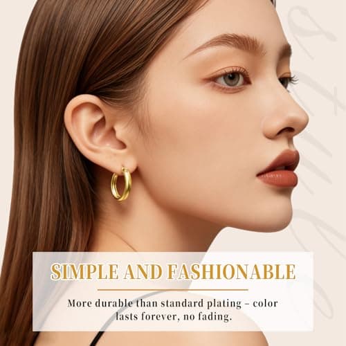 14K Gold Plated Hoop Earrings for Women, Hypoallergenic Lightweight Small Huggie Hoops, Fashion Gold Earrings with Gift Box Ideal Jewelry Gift for Birthday Valentine Mother's Day for Wife Her (19mm) - Thumbnail 5