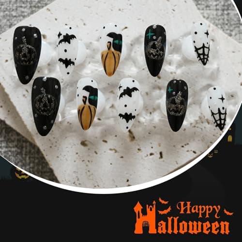Tesytto 10pcs Almond Press on Nails - Halloween White Black False Nails with 3D Bat, Pumpkin & Cobweb Designs, Reusable Acrylic Press on Nails for Women (Spooky Vibes,S) - Thumbnail 4