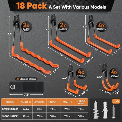 Nacial 18 Pack Garage Hooks Heavy Duty, Utility Steel Garage Storage Hook with 2 Extension Cord Storage Straps, Utility Garage Wall Mount Hooks for Hanging Bike, Ladder and Garden Tools, Orange - Thumbnail 2