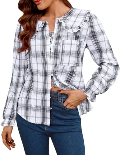 LOOKBOHO Women Spring Peter Pan Collar Shirts Long Sleeve Button Down Blouse, Puff Sleeve Lightweight Cotton Tops for Fall Summer, Elegant Work & Casual Wear Black Plaid Large - Image 1
