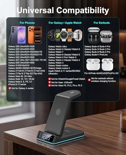 Wireless Charger for Samsung,7 in 1 Wireless Charging Station Foldable Fast Charger Stand with Night Light/Alarm Clock for Samsung Galaxy S26/S25/S24/S23/S22/S21/Galaxy Watch Ultra/8/7/6 Galaxy Buds - Thumbnail 5