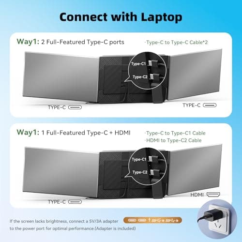 DZVW Laptop Screen Extender 15.6”, IPS Plug&Play Portable Monitor for Laptop, FHD 1080P Triple Monitor Extender, Ultra-Slim Travel Extended Screen for Business Work Study - Thumbnail 4