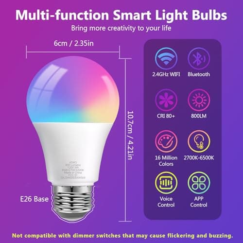 DAYBETTER Smart Light Bulbs, RGBCW Color Changing Smart Bulb Compatible with Alexa & Google Home,Preset Scene, Music Sync, A19 E26 2.4G WiFi Bluetooth Dimmable LED Bulbs, 60W Equivalent, 800LM, 6 Pack - Thumbnail 4