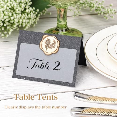 LITTOBEBE 50 Pcs Premium Place Cards, Small Table Cards with Antique Gold Rose Wax Seal Sticker, 4“ x 3“ Tent Card, Escort Cards, Name Card, Wedding, Dinner Parties, Seating Card (Pearlescent Black) - Thumbnail 5