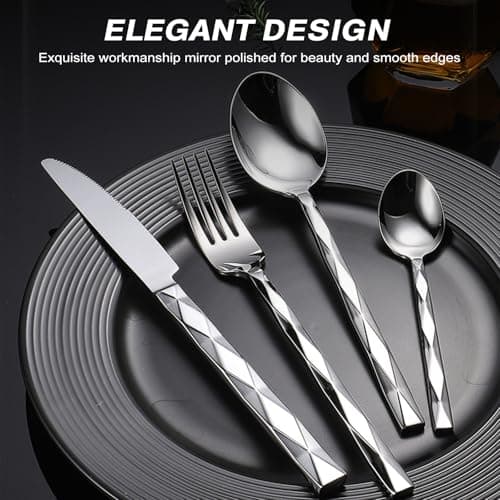 20-Piece Silverware Set, Premium Flatware Set for 4, 18/10 Stainless Steel Cutlery with Diamond Cut Pattern for Dinner, Kitchen, Home, Wedding, Party, Dishwasher Safe - Thumbnail 6